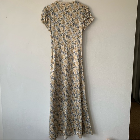 Doen Cerelia Silk Puff Short Sleeve Slip Maxi Dress Bleu Thicket Wildflower - Picture 12 of 14